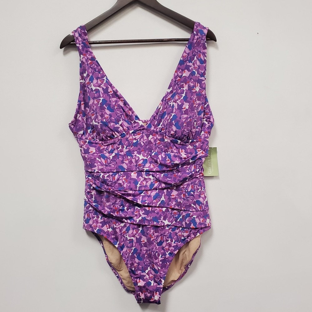 Garnet Hill One Piece Swimsuit Size 16‎ Ruched Flattering Shaping Print Purple